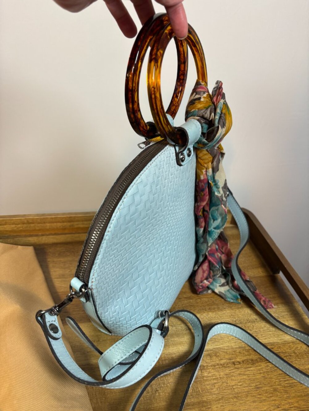 Patricia Nash Meldola Light Blue Leather Dome Satchel w/ Scarf - Picture 4 of 11